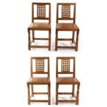 Sid Pollard of Bagby: Four English Oak Lattice Back Dining Chairs, tan hide seats, on octagonal