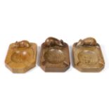 Mouseman: Three Robert Thompson English Oak Ashtrays, of plain rectangular form, each with carved