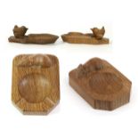 Mouseman: Two Robert Thompson English Oak Ashtrays, of standard rectangular form, each with carved