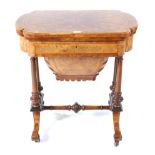 A Victorian Burr Walnut and Marquetry Inlaid Work/Games Table, circa 1870, the hinged lid