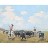 Edward Seago RBA, RWS (1910-1974) Bulls of the Camargue, France Signed, oil on canvas, 19cm by