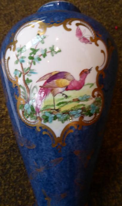 A blue ground gilt decorated vase with a central panel depicting two birds, underside marked with - Image 4 of 4