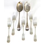 A set of five silver fiddle pattern dessert forks, Deakin & Sons, Sheffield 1903; and a pair of