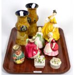 A pair of Royal Doulton Lambeth vases, four Royal Doulton figures; Royal Doulton Mrs Loan