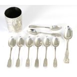 A set of six Victorian silver fiddle pattern tea spoons, Hilliard & Thomason, Birmingham 1891,