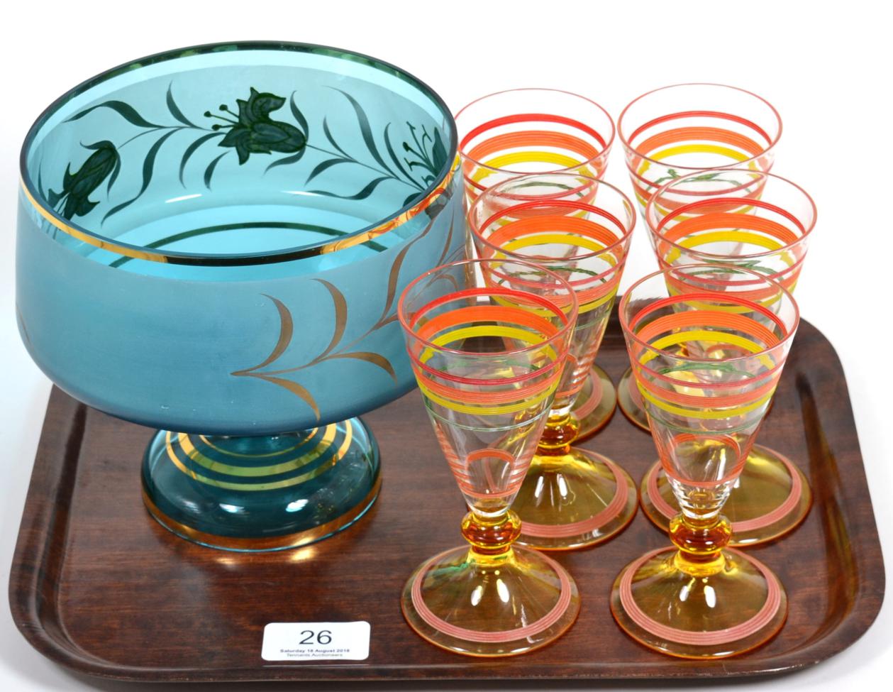 A set of Stuart Art Deco conical glasses; together with a pedestal bowl (7)