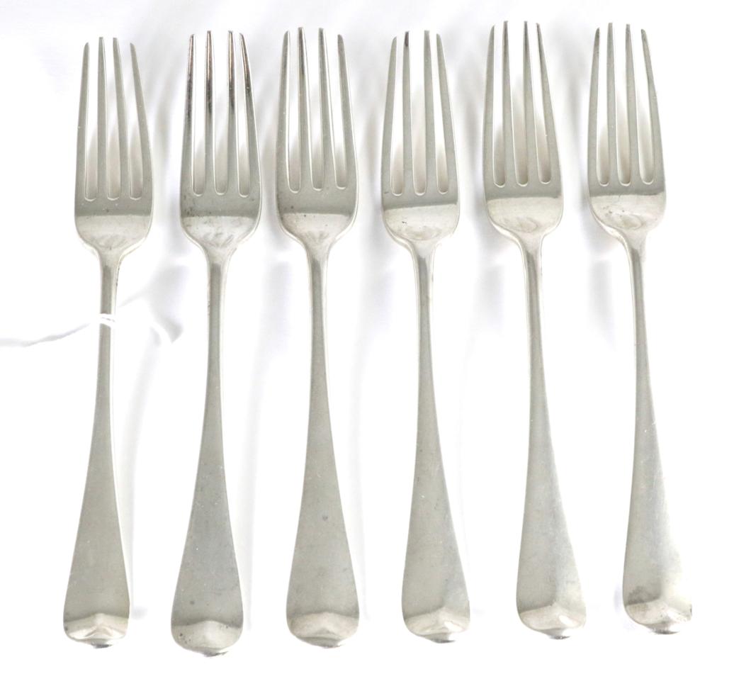 A matched set of six George III silver table forks, London 1787 and 1793, 12.7ozt