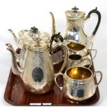 A four piece Elkington electroplated tea and coffee service; another Victorian electroplated four