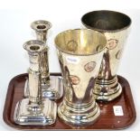 A pair of 19th century silver plated large gambling beakers with dice set bases and a pair of old