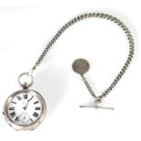 A silver open faced pocket watch and a silver watch chain