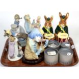 Four Lladro porcelain figures; another similar example; two Royal Doulton Bunnykins; and four