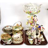 A floral encrusted figural centre piece; together with a group of Continental porcelain figures;