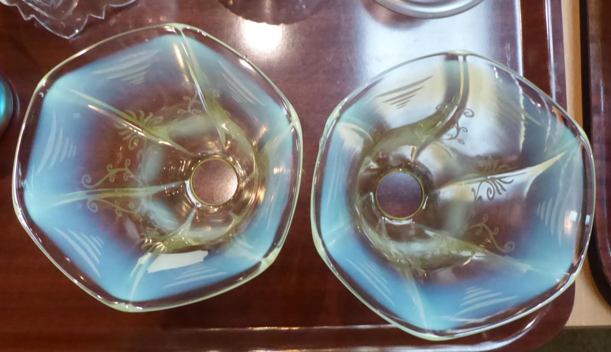 A pair of vaseline glass shades; three other; and an iridescent glass vase - Image 5 of 10