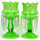 A pair of Victorian green glass table lustres, handpainted flowers (2)