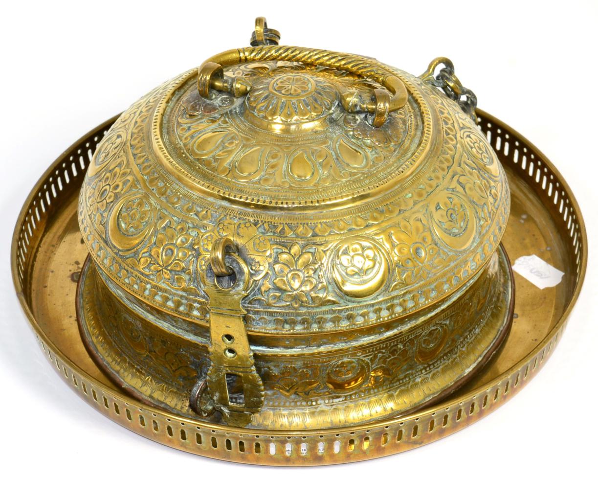 A 19h century Indian chapati box and cover; and a galleried tray