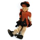 A large Norah Welling style doll with pressed fabric face and painted details, velvet body, blonde