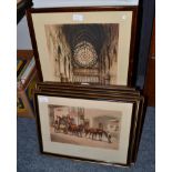 A set of coaching prints: a print of bank of England, a pair of prints of cathedral interiors and