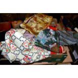 Assorted Costumes, linen and accessories including two floral embroidered table cloths, pillowcases,