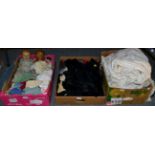 Assorted dolls, dolls costume, baby clothes, black lace and trims, sleeves and collar from a jacket,