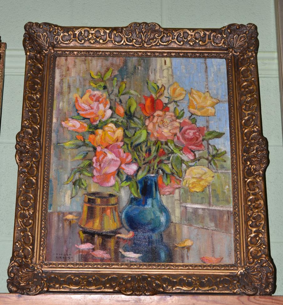 Donald Greig (1916-2009) Still life of roses in blue vase, signed, oil on board Artist's Resale