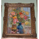 Donald Greig (1916-2009) Still life of roses in blue vase, signed, oil on board Artist's Resale