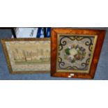 Framed wool work sampler by Rosa Haybogue dated 1892, with central scenes of a village with a