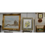 A group of 20th century oils and watercolours together with prints and needleworks, all framed (8)