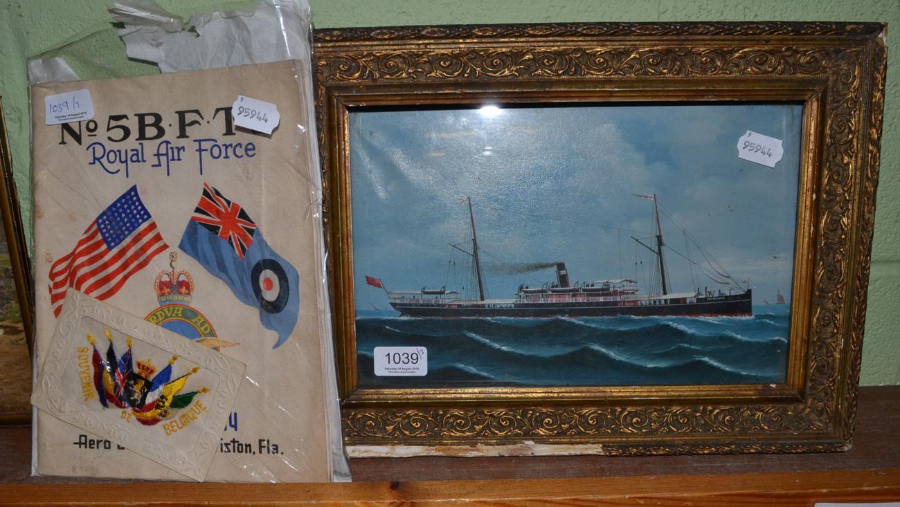 Oil on board of a ship PALAMCOTTA; together with no.5 B.F.T.S Royal Air Force book and a postcard