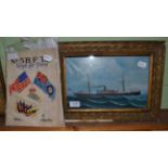 Oil on board of a ship PALAMCOTTA; together with no.5 B.F.T.S Royal Air Force book and a postcard