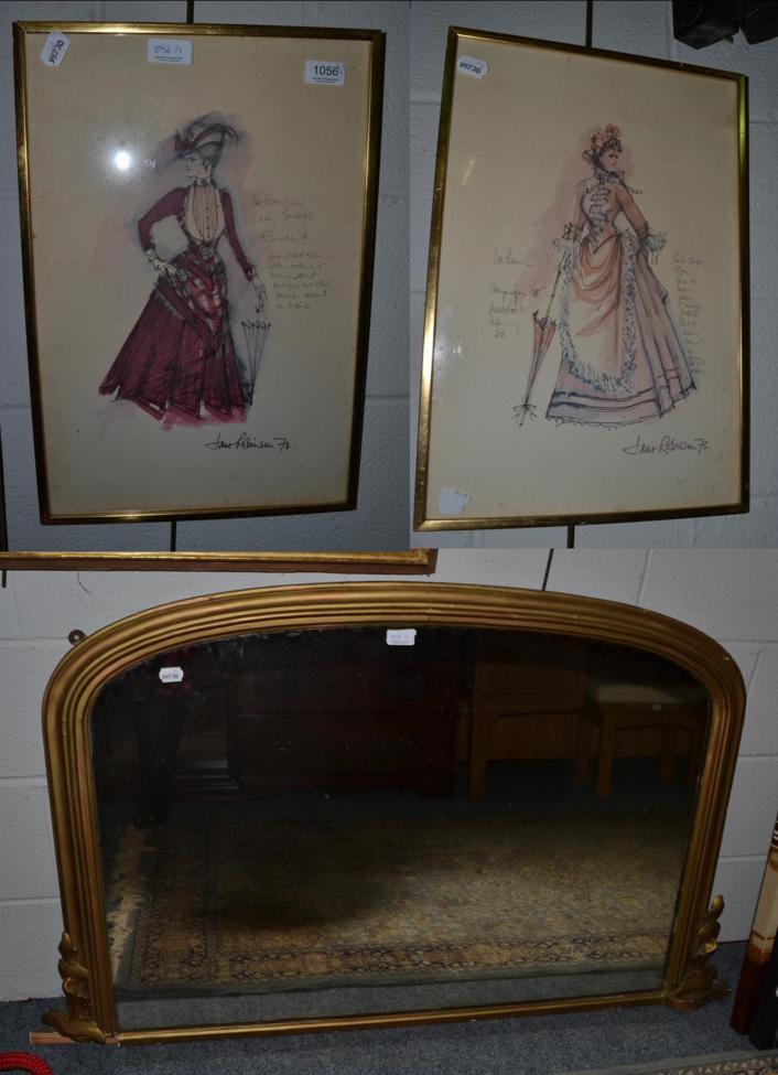 A 19th century gilt overmantle mirror together with two fashion prints by Jane Robinson