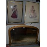 A 19th century gilt overmantle mirror together with two fashion prints by Jane Robinson