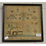 Framed sampler worked by Emma Lea, aged 11, dated 1829, in cross-stitch depicting a cottage beside