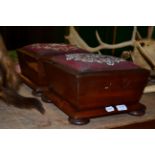 A pair of mahogany square footstools with beadwork tops