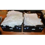 Assorted white linen with drawn thread work and crochet trims, in two boxes