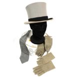 Scott & Co grey felt top hat, grey silk patterned tie, two pairs of grey suede gloves (size 8), in a