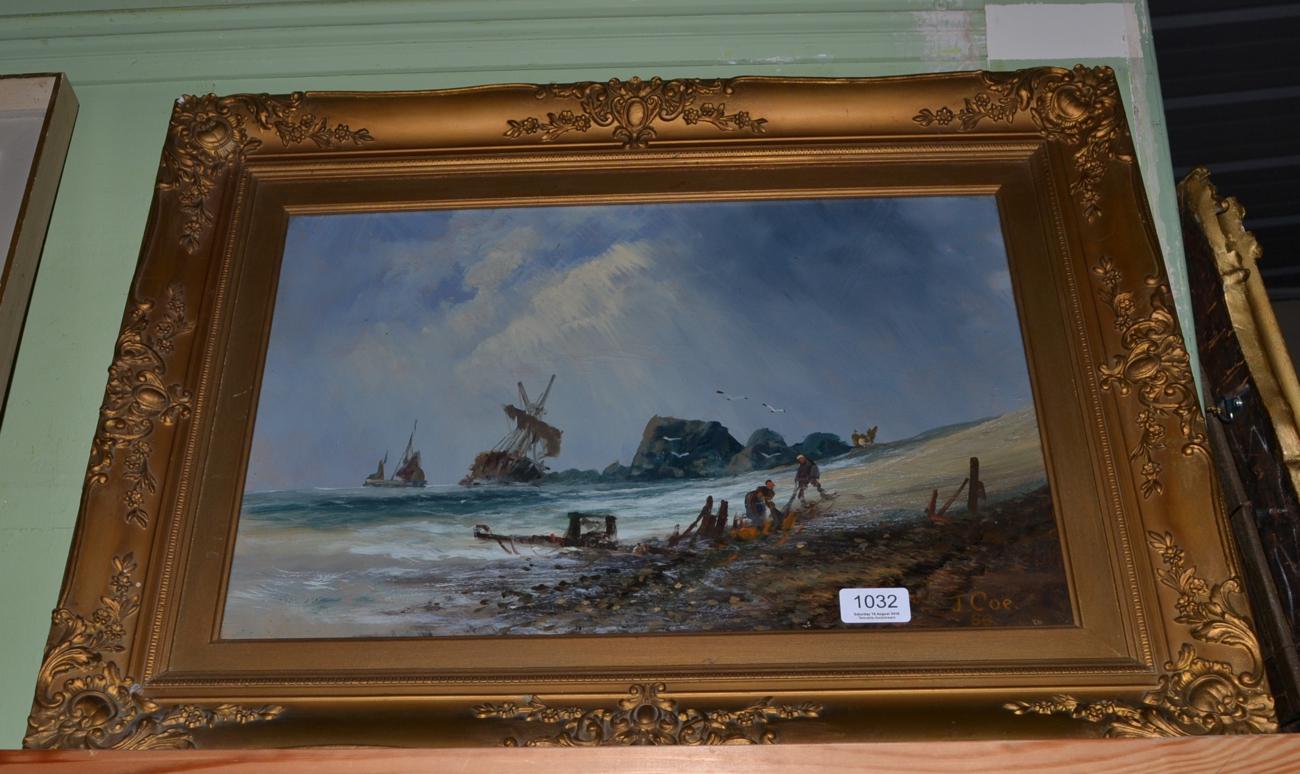 J. Coe (British, 19th century) Beach scene with wreckers and foundering ship, signed and dated '