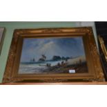 J. Coe (British, 19th century) Beach scene with wreckers and foundering ship, signed and dated '