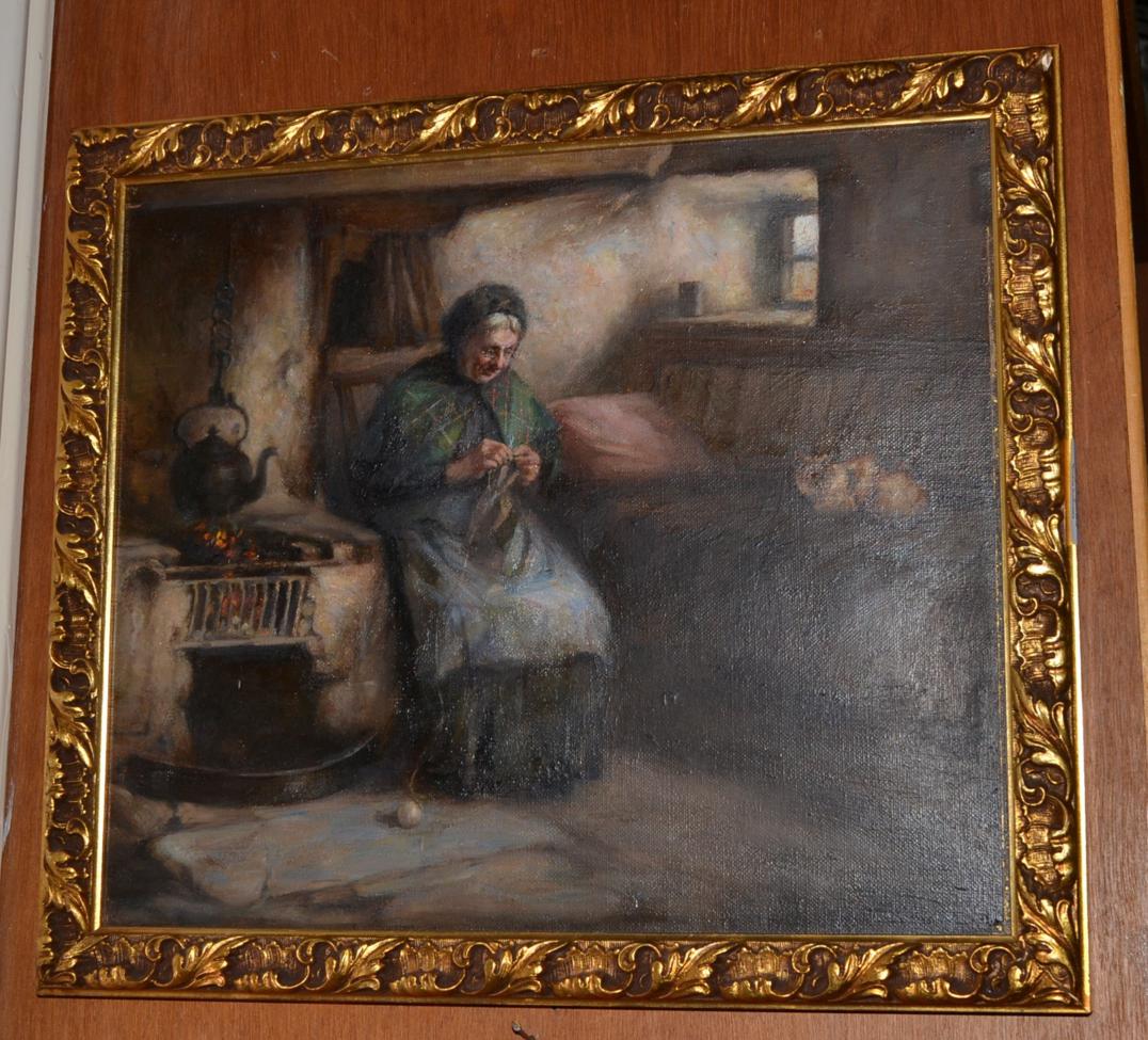 Henry Dobson RSA (19th century), Scottish, Cottage interior with knitting grandmother, signed, oil