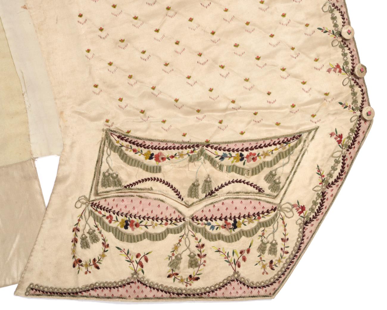 Circa 1780 Gent's Dark Cream Silk Waistcoat, embroidered in coloured silks with green striped - Image 2 of 2