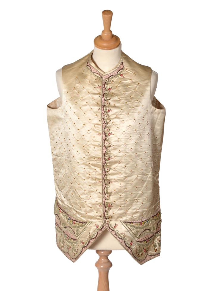 Circa 1780 Gent's Dark Cream Silk Waistcoat, embroidered in coloured silks with green striped