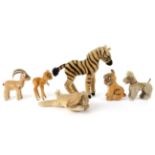 Six 1950s and 1960s Steiff Mohair Plush Animals, comprising standing zebra, 25cm high; 'Rocky' the