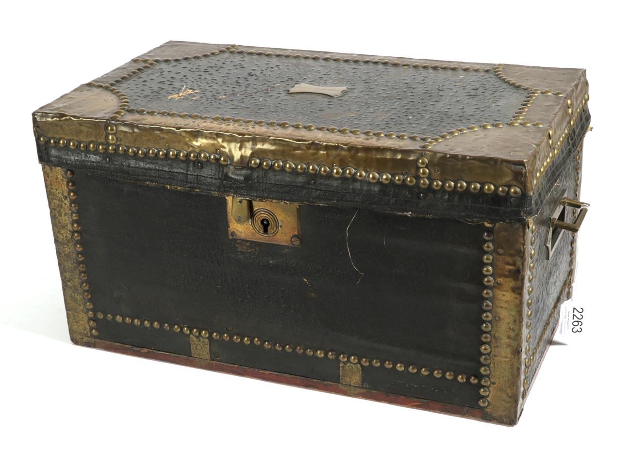 Early 19th Century Child's Coaching Trunk, mounted with faux leather, with brass strap work to the