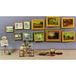 Assorted Dolls House Miniature Art Accessories, including a wooden paint box with contents, Reeves
