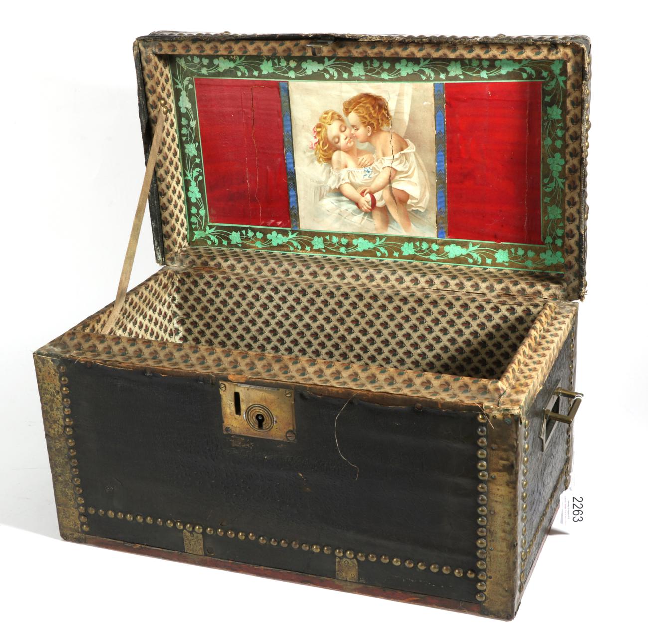 Early 19th Century Child's Coaching Trunk, mounted with faux leather, with brass strap work to the - Image 2 of 2