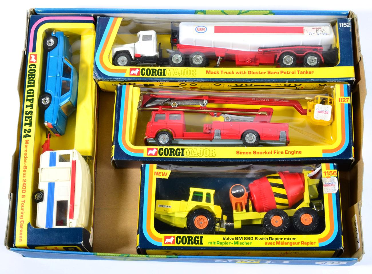 Corgi Window Box Models 1127 Simon Snorkel fire engine, 1156 Volvo BM860S mixer, Gift Set 24