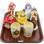 Five Royal Doulton figures; and two Coronation mugs