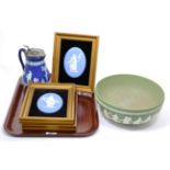 Wedgwood Jasperware comprising a green bowl, pewter mounted tankard and three framed oval plaques