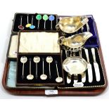 A cased set of six silver and guilloche enamel coffee bean spoons, Birmingham; with another coffee