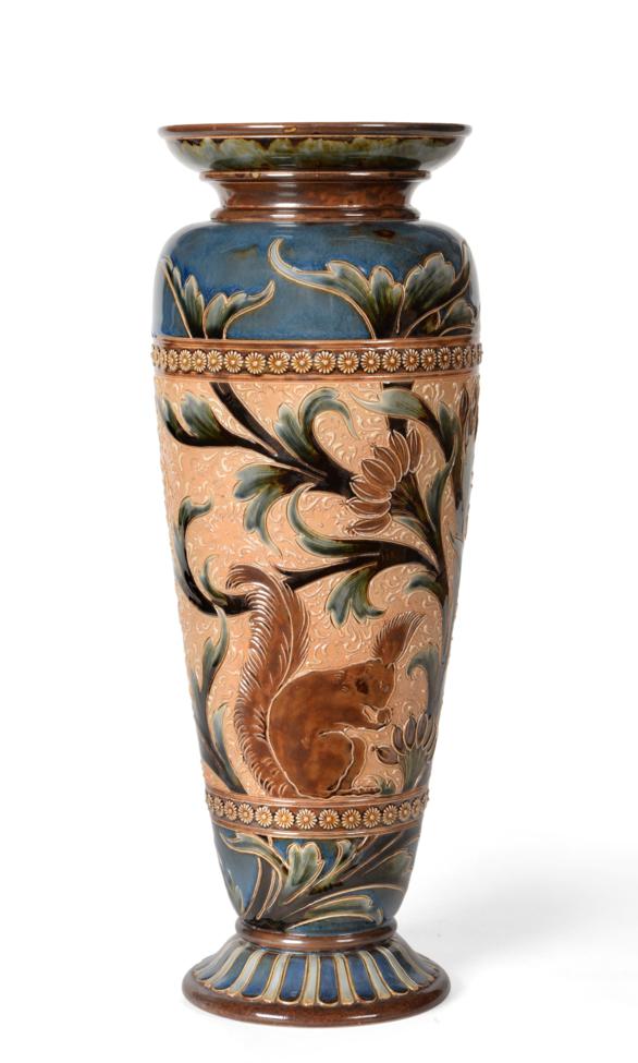 Eliza Simmance (working 1873-1928) A Doulton Lambeth Stoneware Vase, decorated with a red squirrel