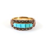 A Late 19th Century Turquoise and Diamond Ring, a row of calibré cut turquoise between rows of